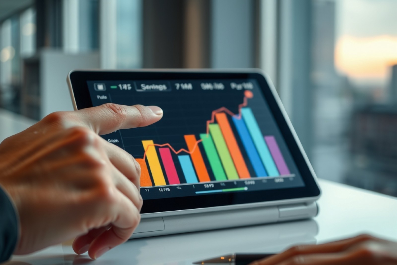 Close-up of hands pointing at a tablet showing colorful bar shapes and rising line graph in soft focus, on a clean desk with a pen, city skyline blurred in the background