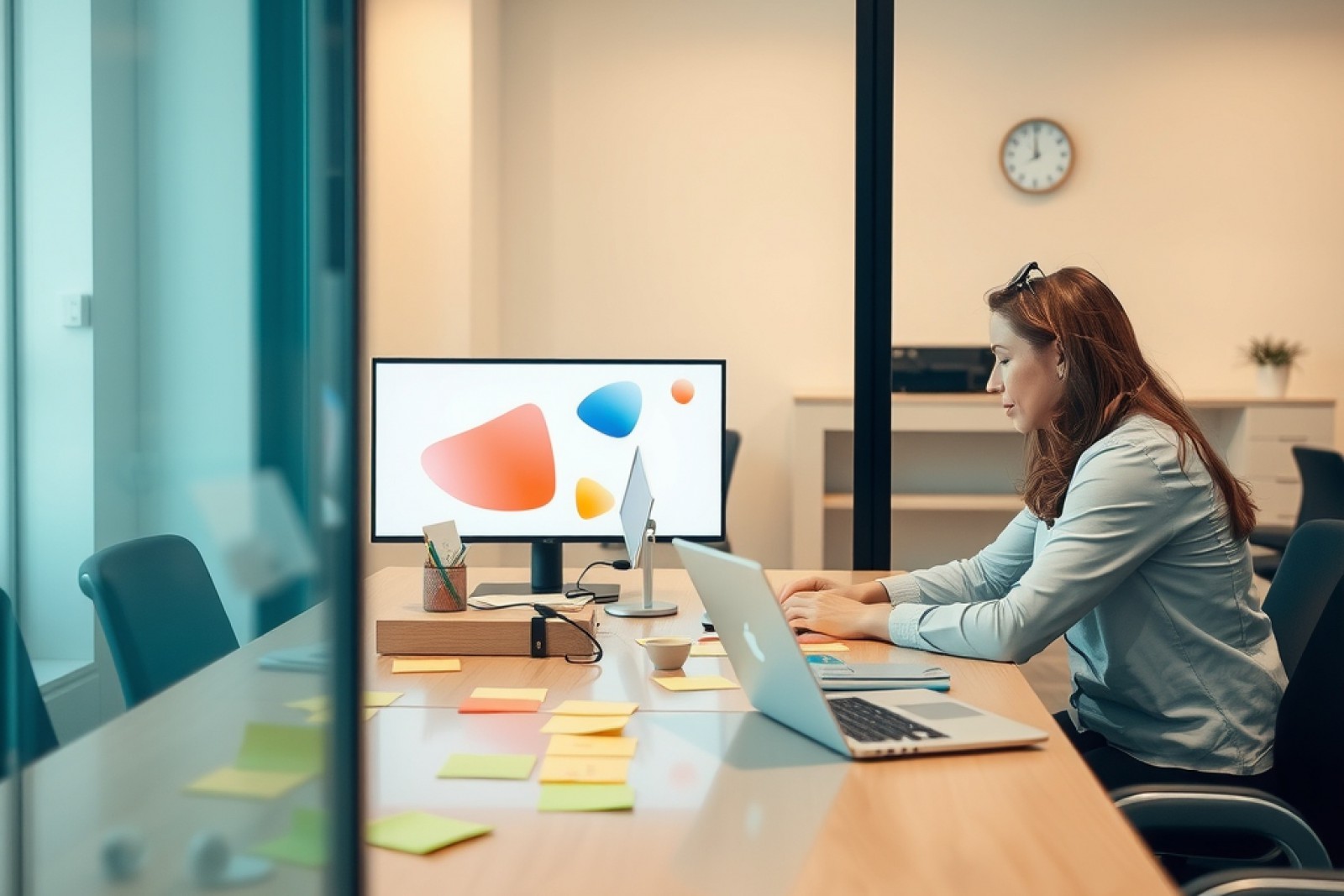 Two colleagues collaborating at a glass-walled meeting table with laptops and sticky notes in a UAE office, warm natural light, screens in soft focus with simple colored shapes